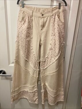 POL Cream Patchwork Wide-Leg Jeans with Crochet Panels- ** see description